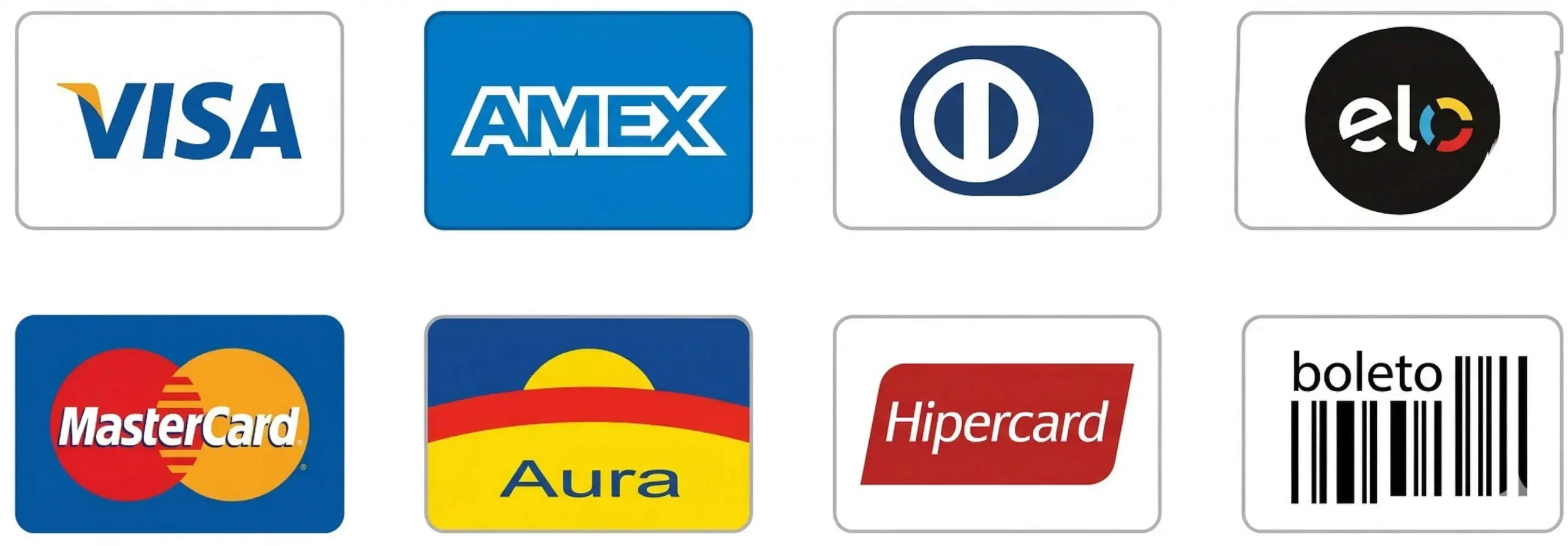 Zahlungsmethoden — Visa, Mastercard, Amex, Elo, Diners, Aura, Hipercard, Boleto
