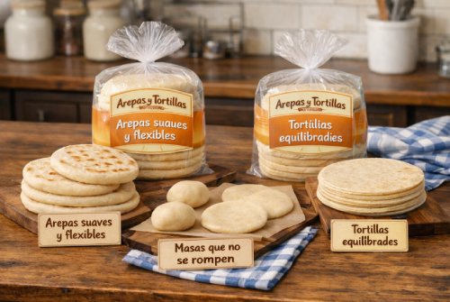 Arepas e tortilhas macias empilhadas sobre uma bancada