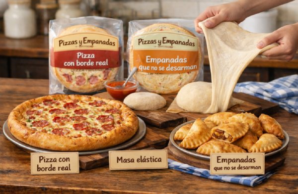 Pizza com borda alta e empanadas recheadas