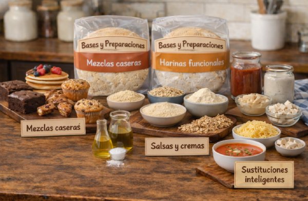 Potes com misturas caseiras, farinhas funcionais e molhos