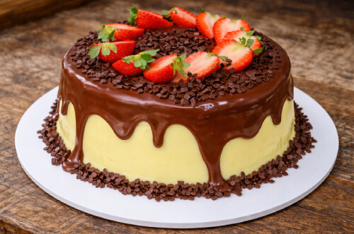 Bolo de chocolate com cobertura brilhante e morangos por cima