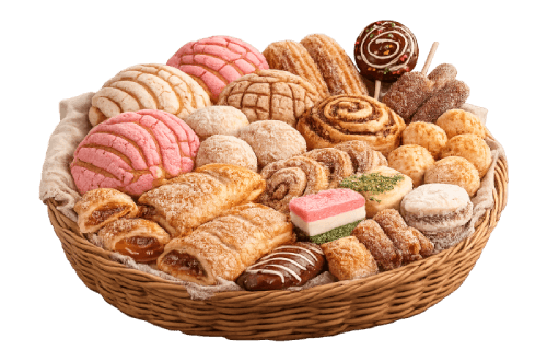 Cesta de vime cheia de pães doces, conchas e doces variados